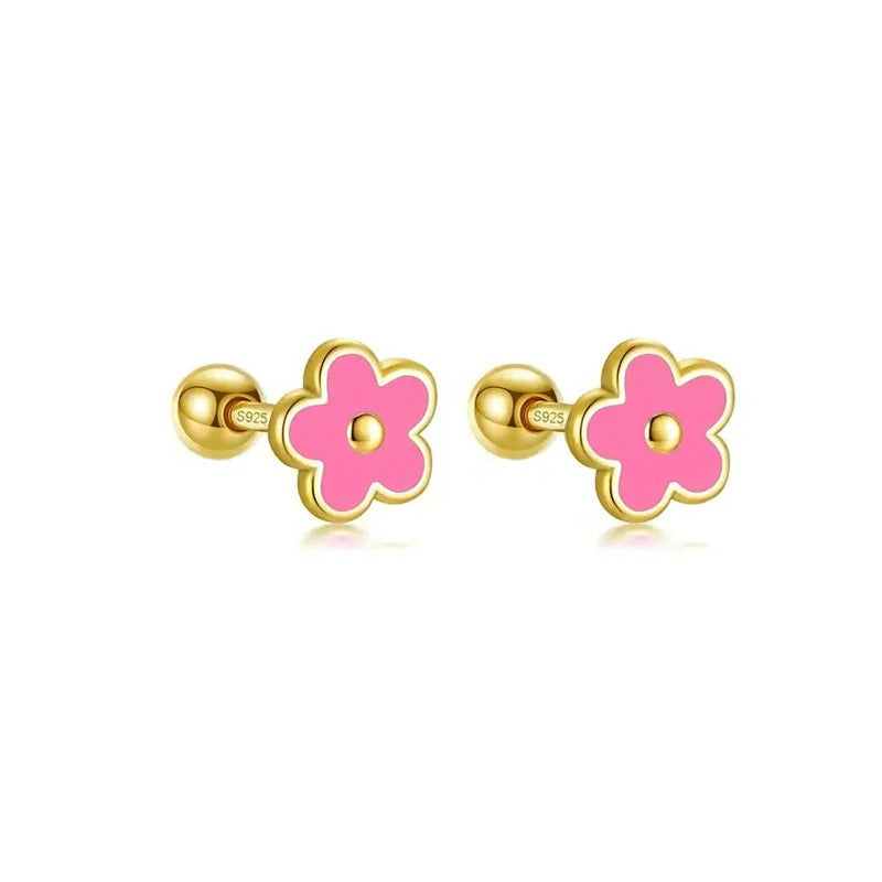 Boucle D'oreille Puce Fleur Émaillée – Plaqué Argent