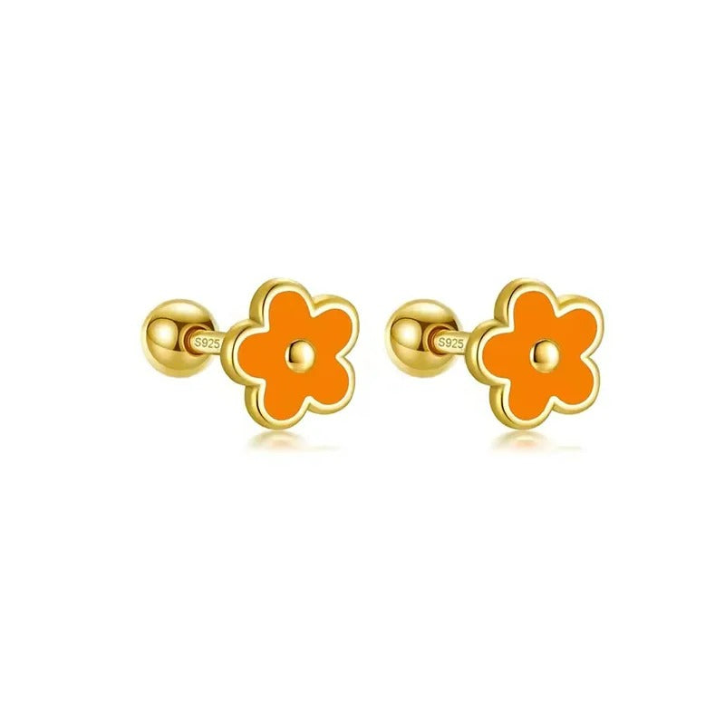 Boucle D'oreille Puce Fleur Émaillée – Plaqué Argent