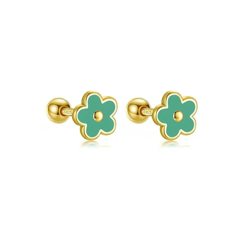 Boucle D'oreille Puce Fleur Émaillée – Plaqué Argent