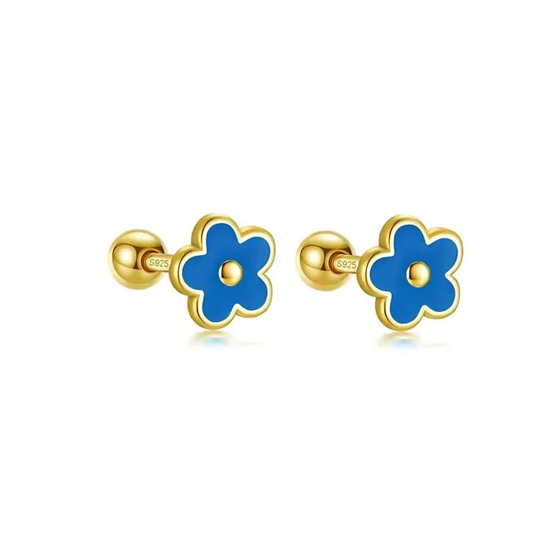 Boucle D'oreille Puce Fleur Émaillée – Plaqué Argent