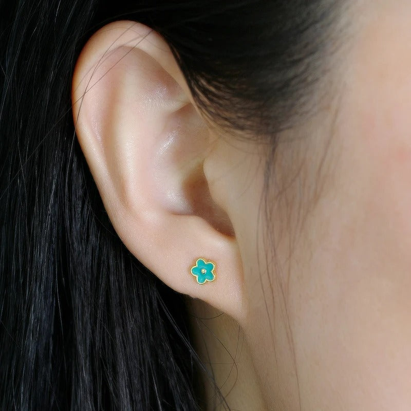 Boucle D'oreille Puce Fleur Émaillée – Plaqué Argent