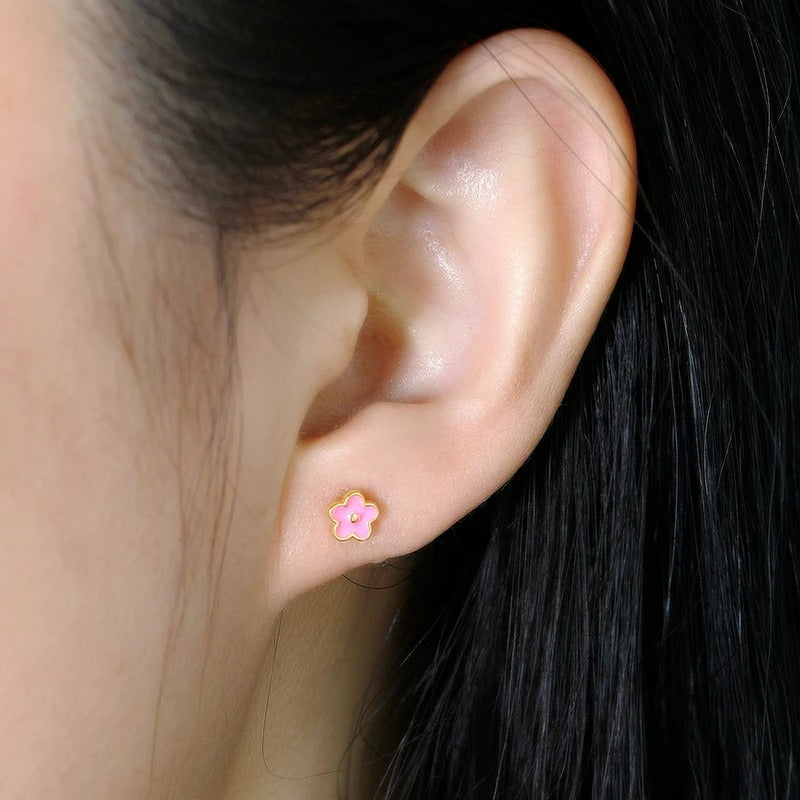 Boucle D'oreille Puce Fleur Émaillée – Plaqué Argent