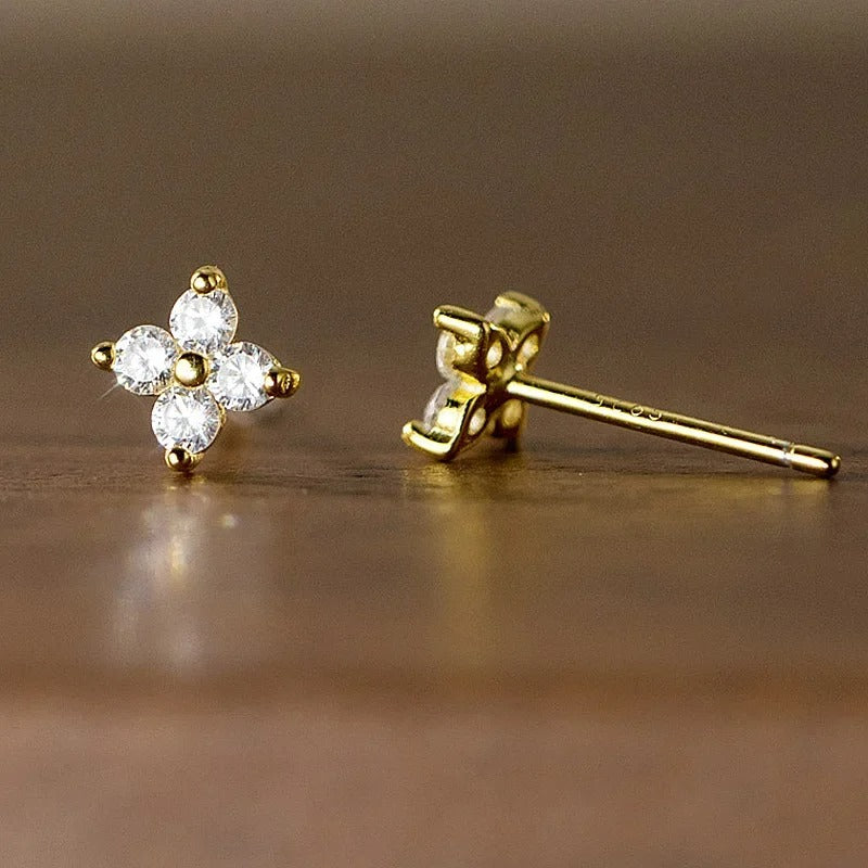 Boucle D'oreille Puce Fleur Zircon Et Argent