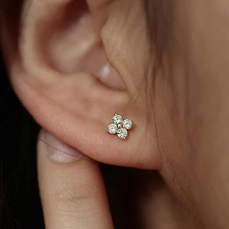 Boucle D'oreille Puce Fleur Zircon Et Argent