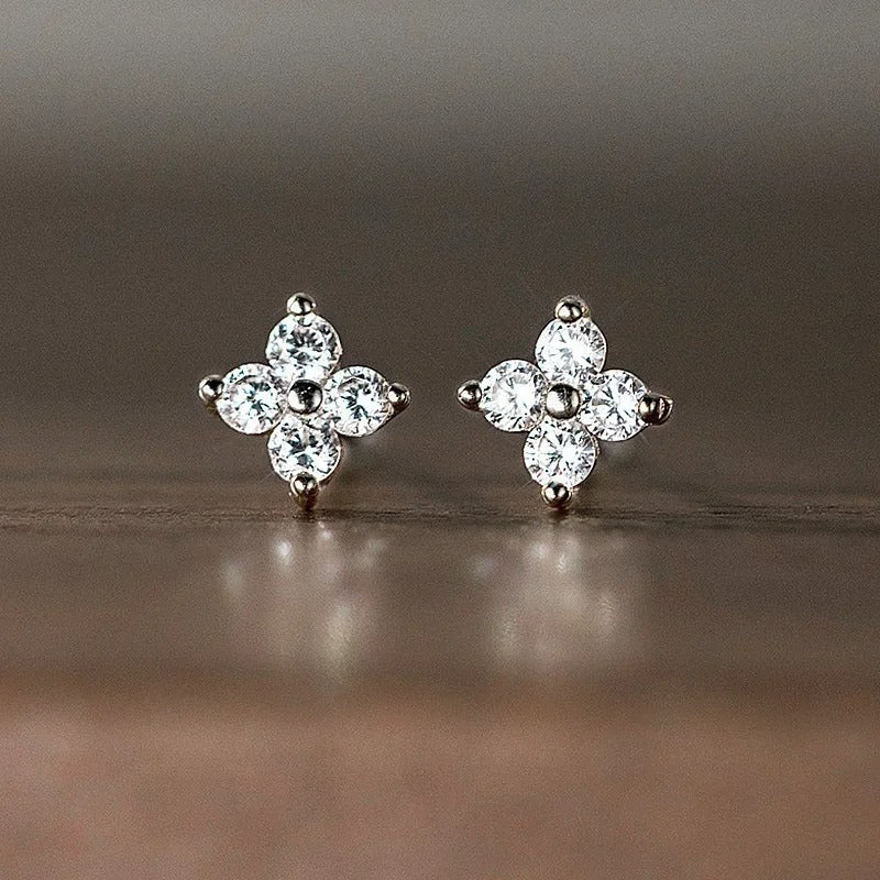 Boucle D'oreille Puce Fleur Zircon Et Argent