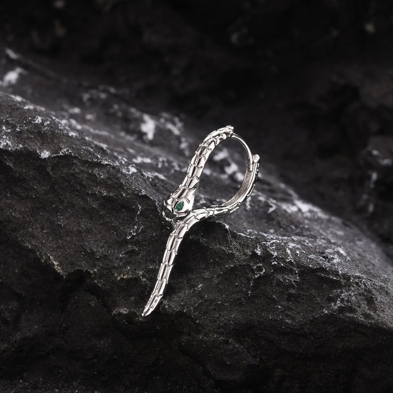 Boucle D'oreille Serpent Argenté au Yeux Vert sur une pierre noir Image