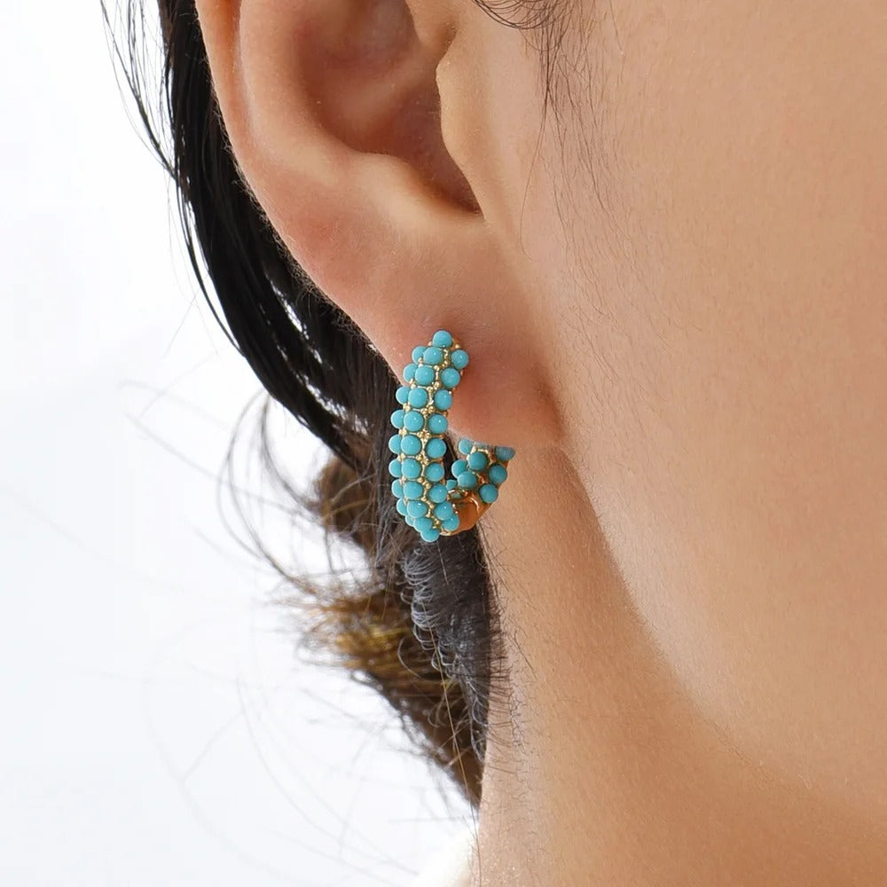 Boucle D'oreille Turquoise Anneau Triple Rang Perlé