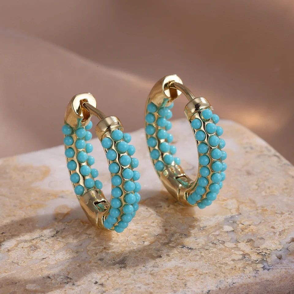 Boucle D'oreille Turquoise Anneau Triple Rang Perlé