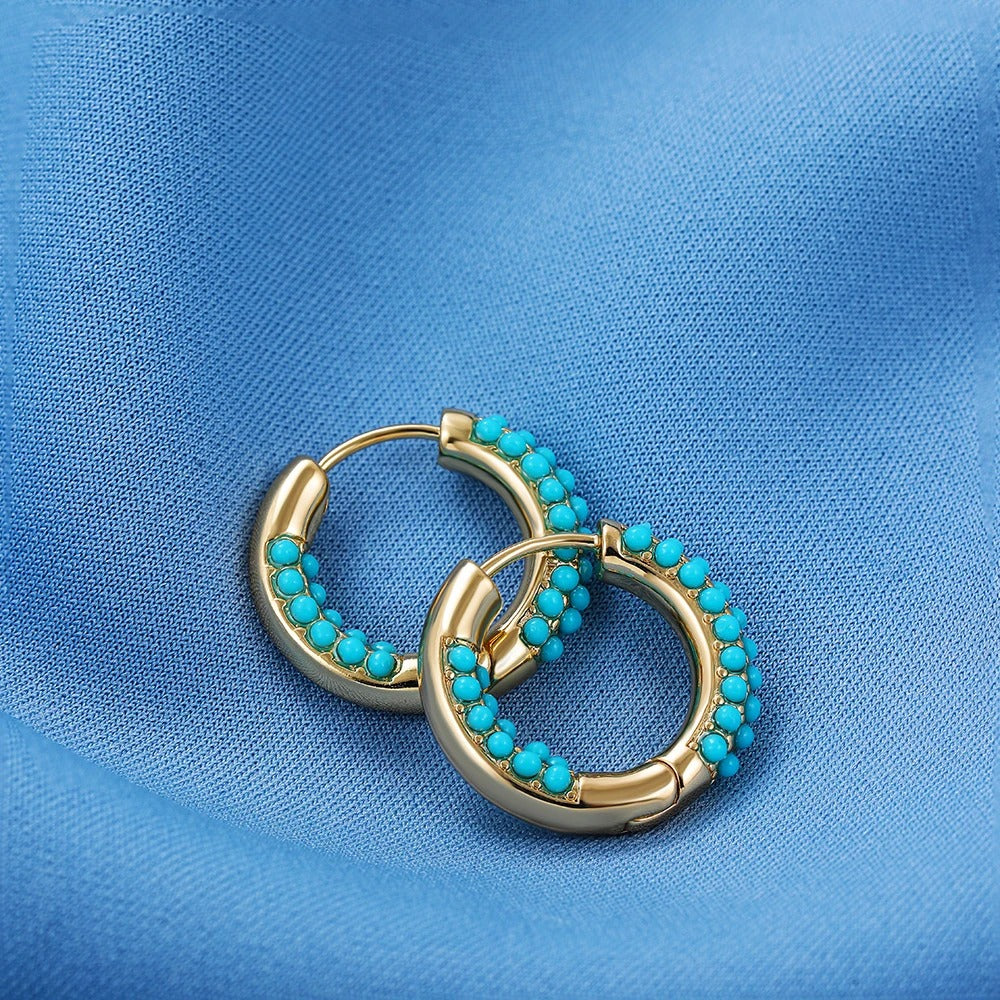 Boucle D'oreille Turquoise Anneau Triple Rang Perlé