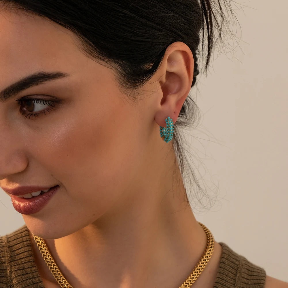 Boucle D'oreille Turquoise Anneau Triple Rang Perlé