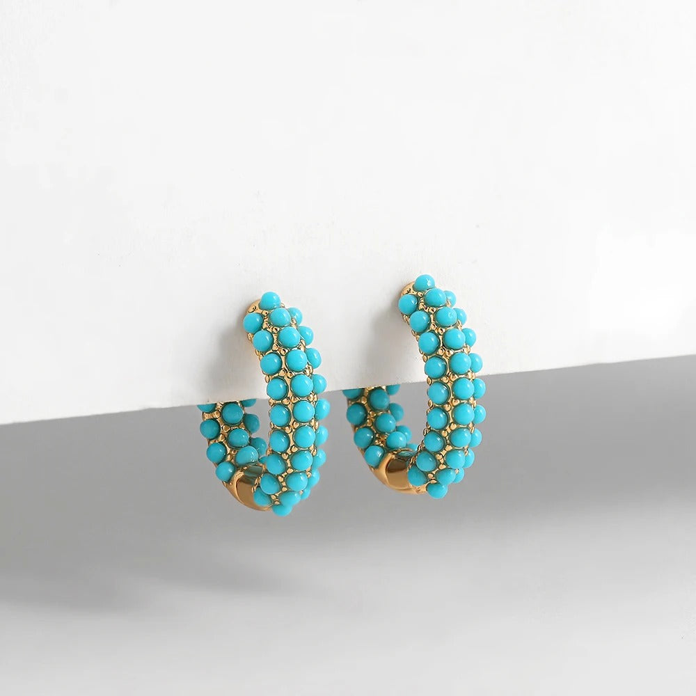 Boucle D'oreille Turquoise Anneau Triple Rang Perlé
