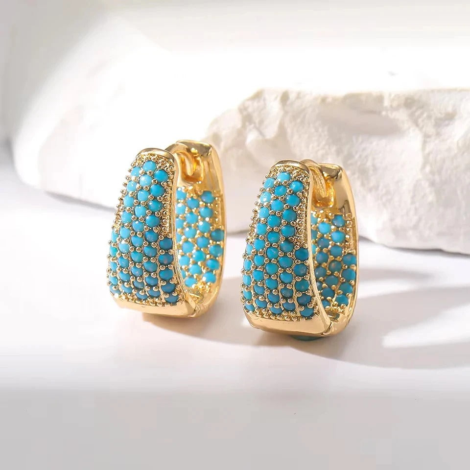 Boucle D'oreille Turquoise Créole Évasée Pavée