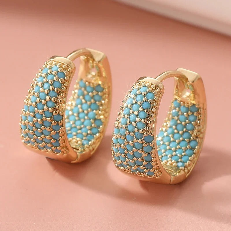 Boucle D'oreille Turquoise Créole Évasée Pavée