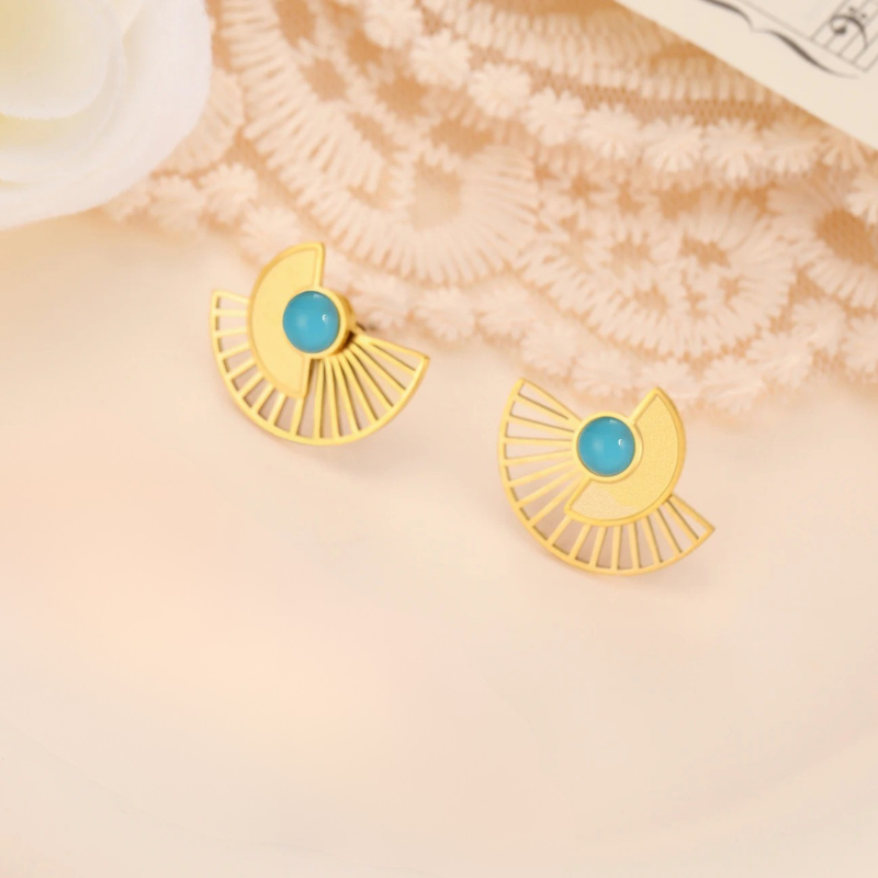 Boucle D'Oreille Turquoise Eventail Acier Inoxydable
