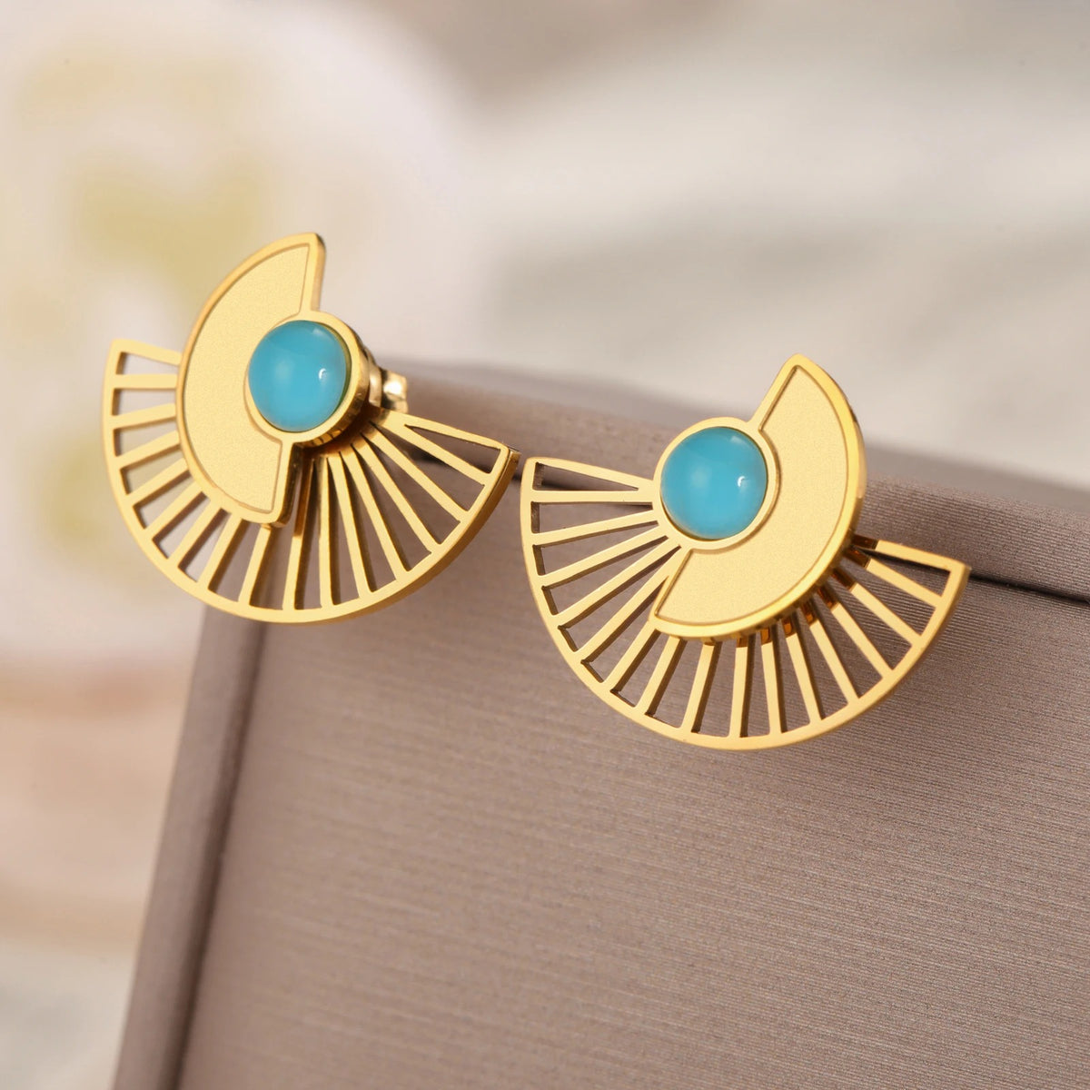 Boucle D'Oreille Turquoise Eventail Acier Inoxydable
