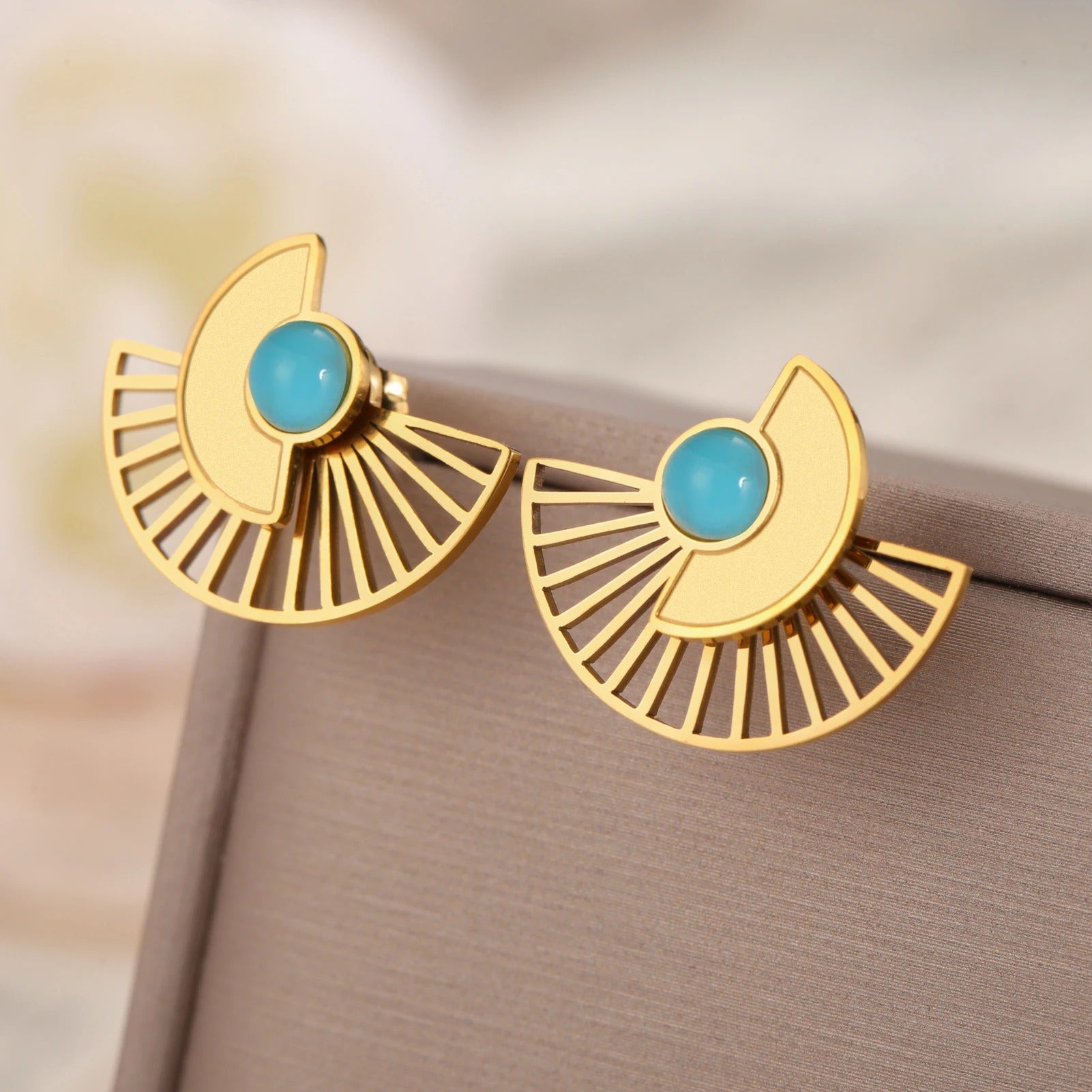 Boucle D'Oreille Turquoise Eventail Acier Inoxydable