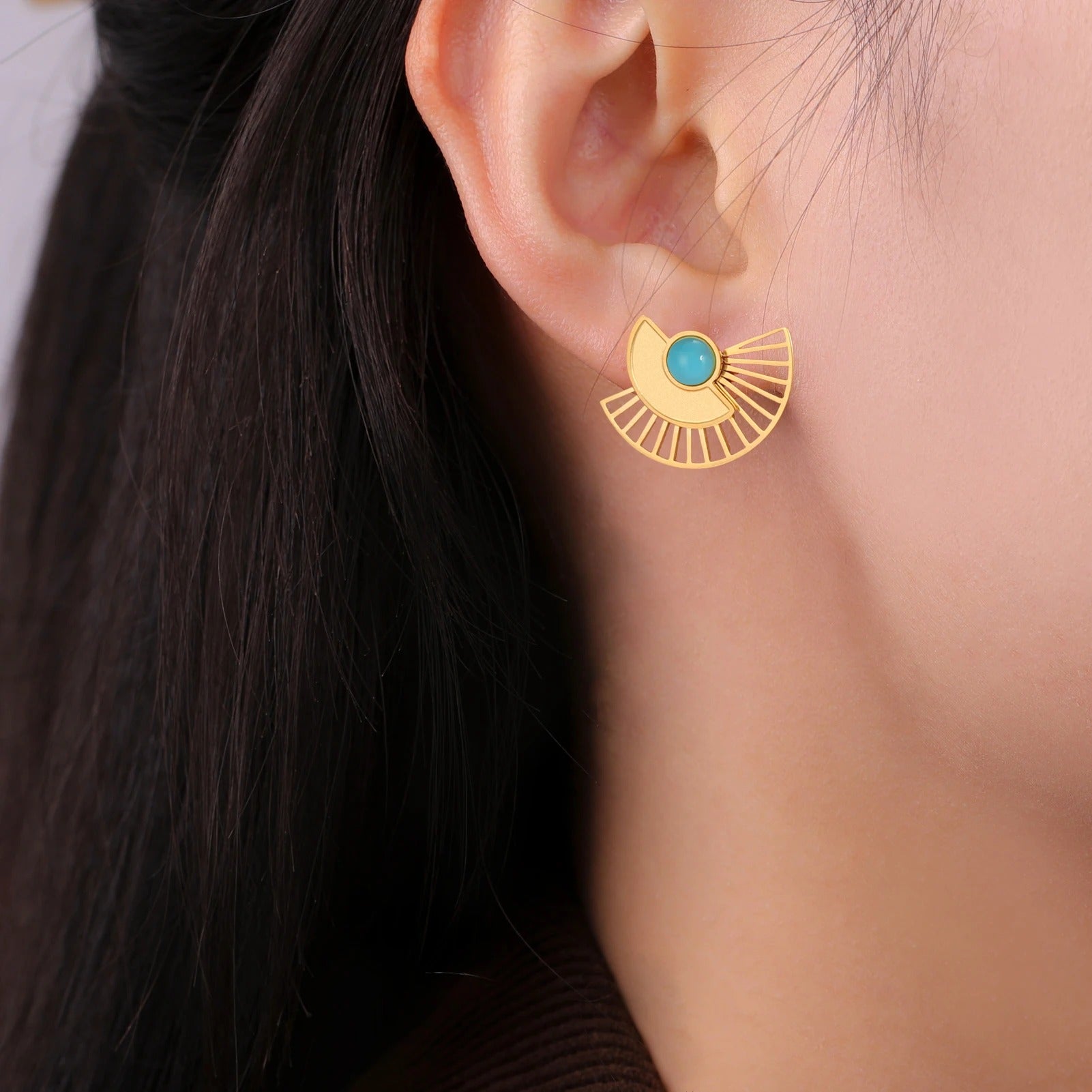 Boucle D'Oreille Turquoise Eventail Acier Inoxydable Image