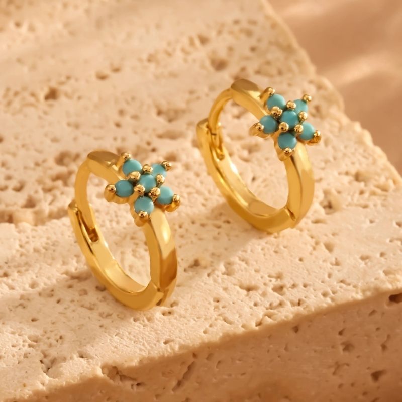 Boucle D'oreille Turquoise Mini Fleur Anneau Lisse