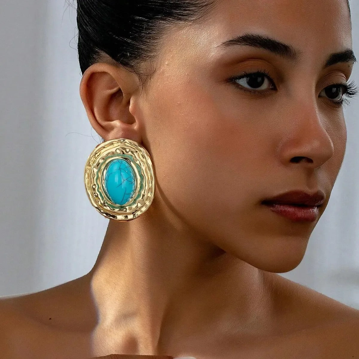 Boucle D'Oreille Turquoise Ovale Doré Chic