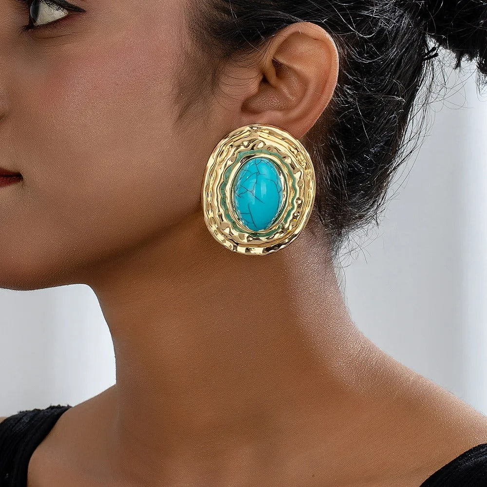 Boucle D'Oreille Turquoise Ovale Doré Chic