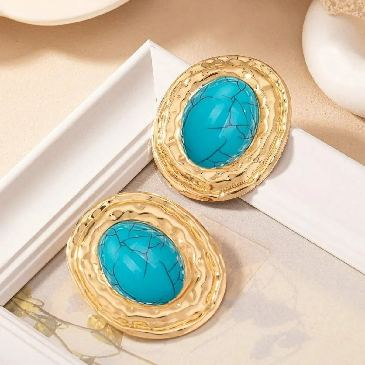 Boucle D'Oreille Turquoise Ovale Doré Chic