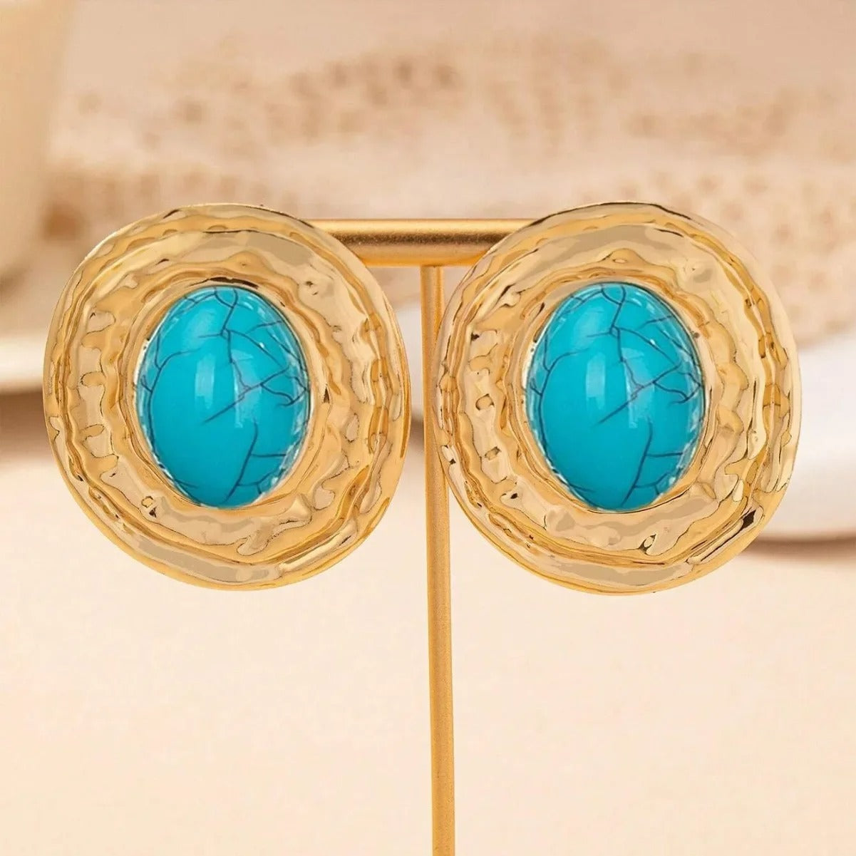 Boucle D'Oreille Turquoise Ovale Doré Chic