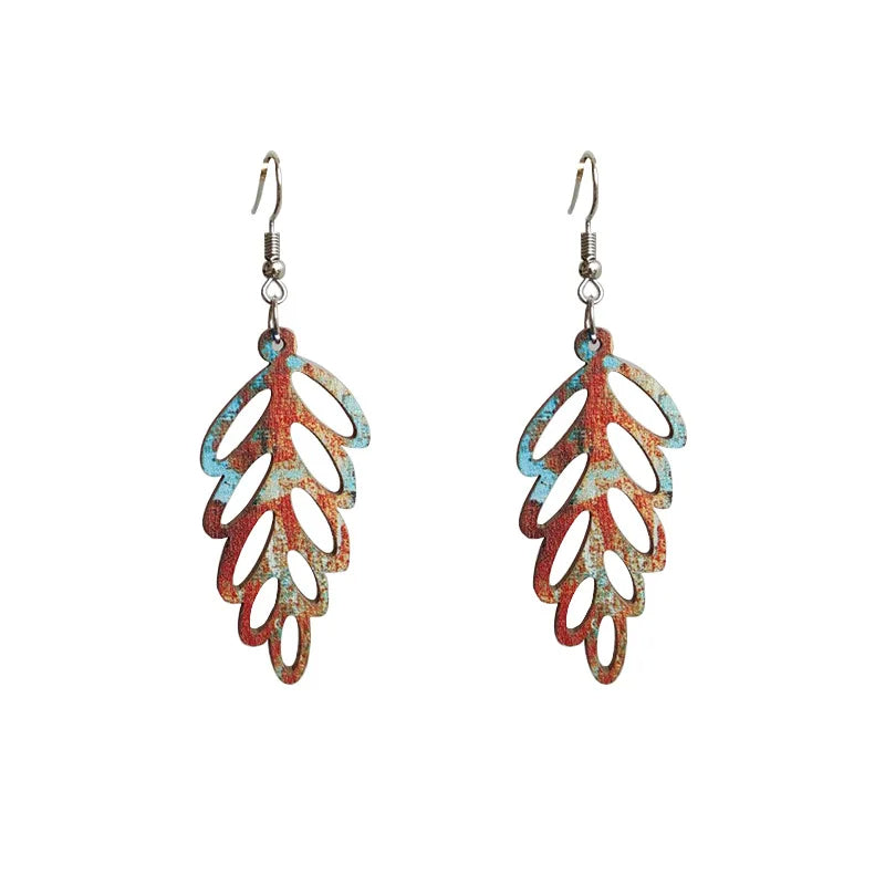 Boucle d'Oreille en Bois Colorée en Forme de Plante
