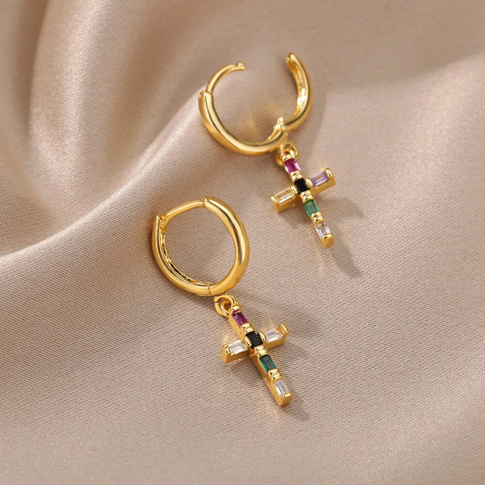 Boucle d'Oreille Croix Colorée Élégante Image