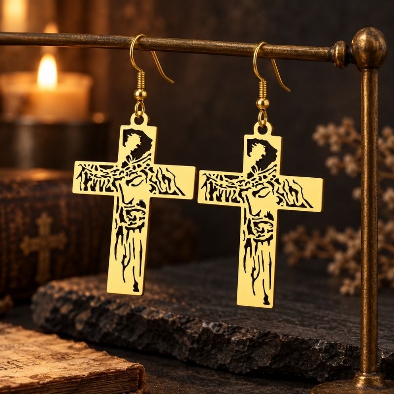 Boucle d'Oreille Croix Dorée en Acier Inoxydable