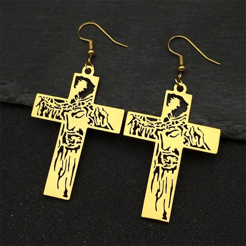 Boucle d'Oreille Croix Dorée en Acier Inoxydable
