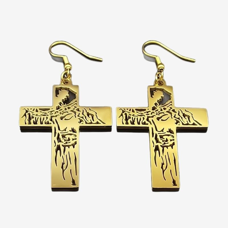 Boucle d'Oreille Croix Dorée en Acier Inoxydable