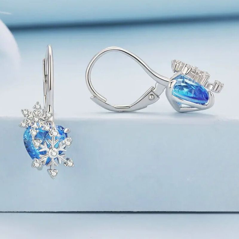 Paire de boucle d'oreilles dormeuse argent flocon et cœur bleu