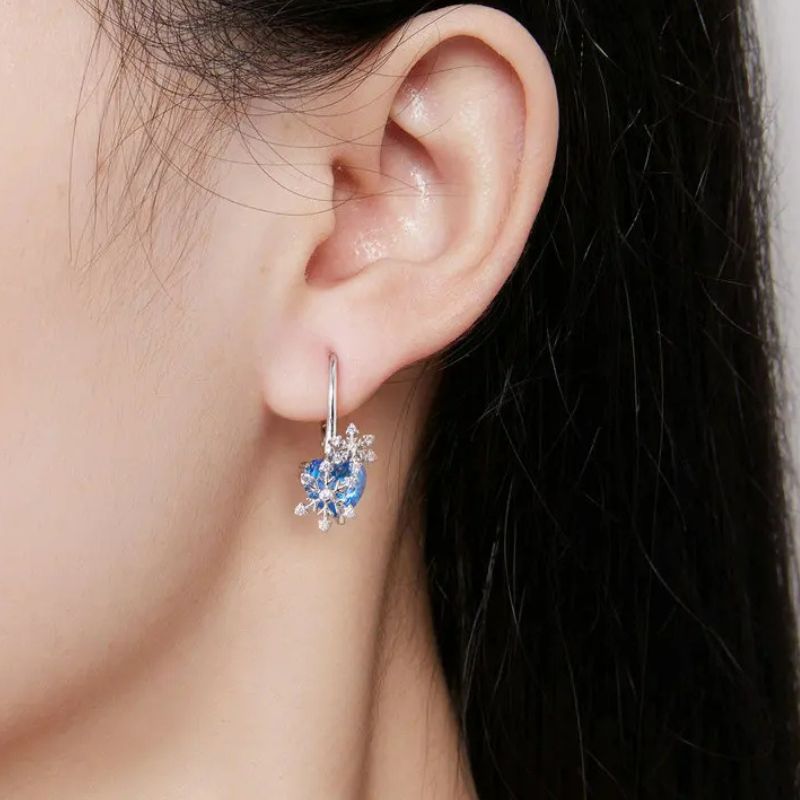 Paire de boucle d'oreilles dormeuse argent flocon et cœur bleu