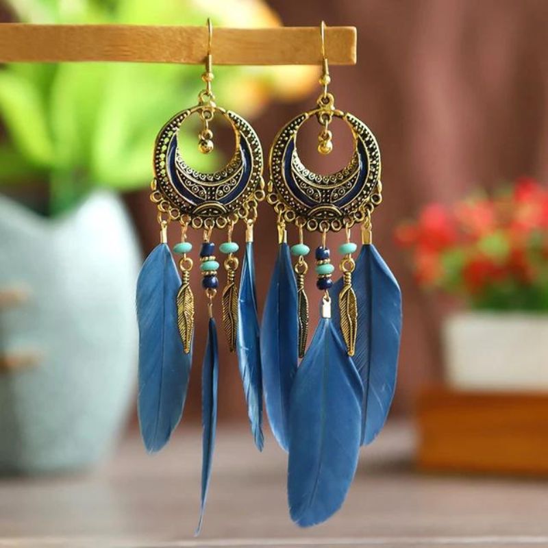 Boucle D'oreille Plume Ethnique Bohème Image