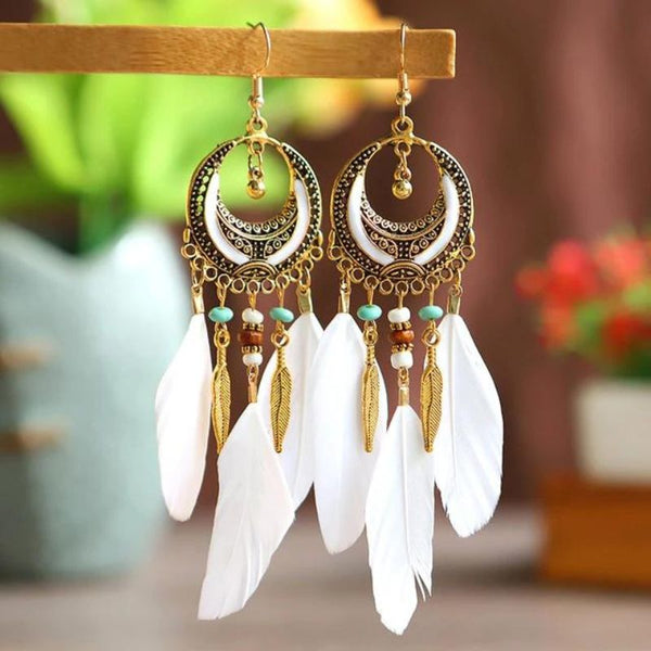 Boucles D'oreilles Plumes Blanches Et Noires Avec Perles - Dormeuses, Acier Inoxydable