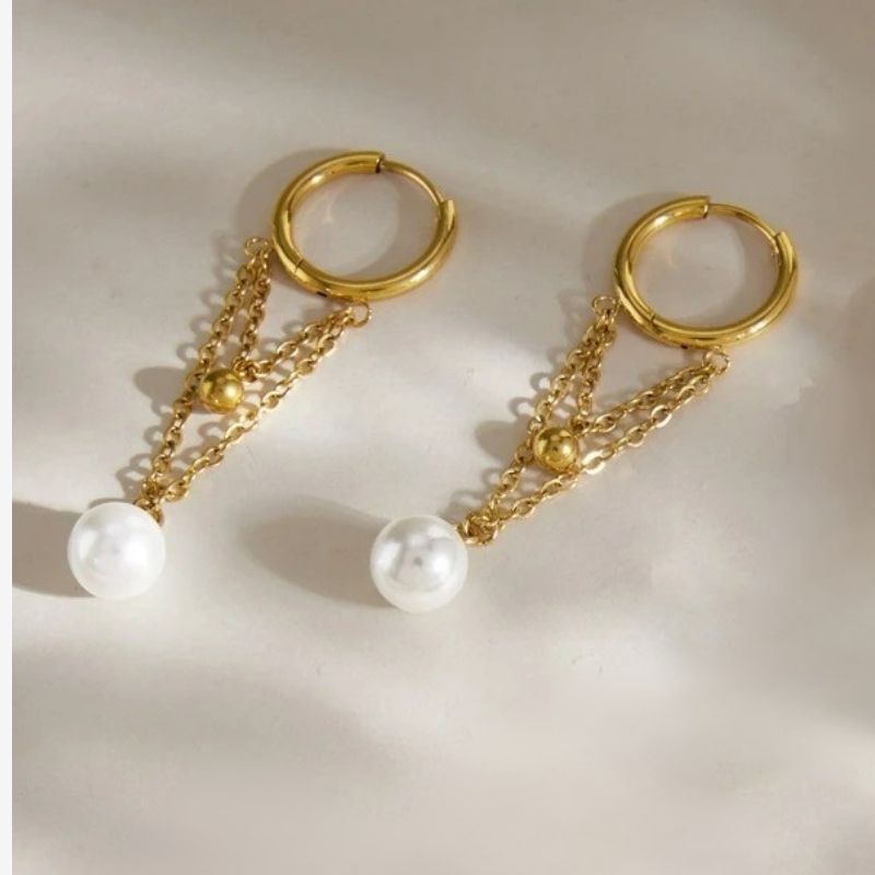 Boucles D’oreilles Pendantes Originales Chaînes En V Et Perle - Acier Inoxydable