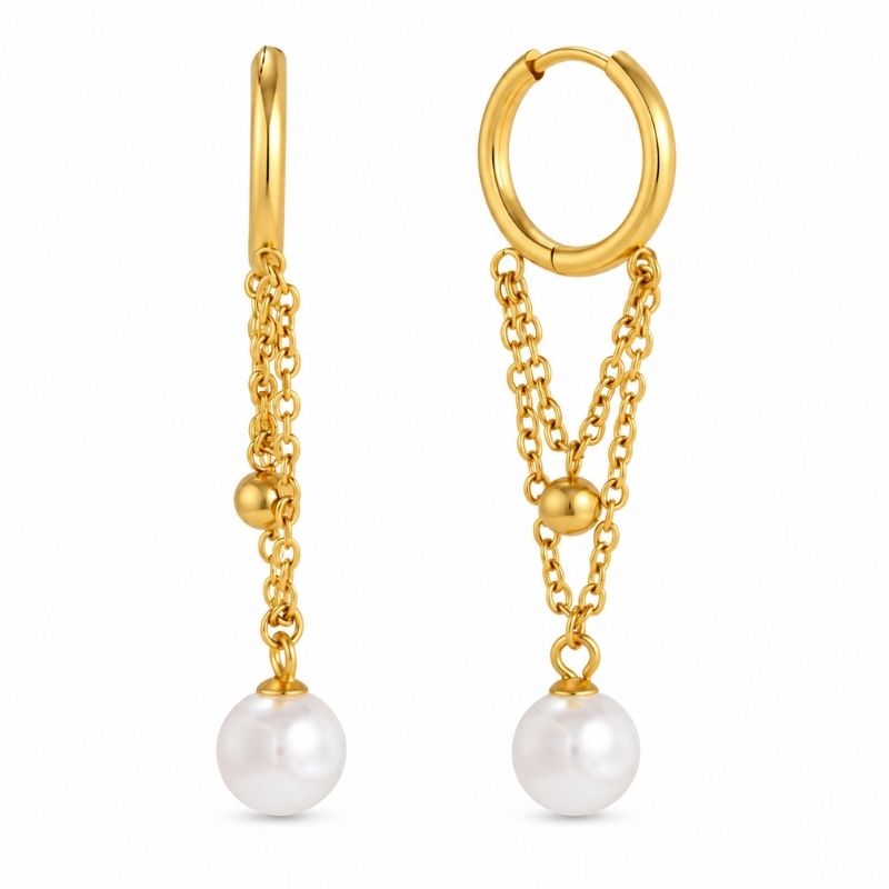 Boucles D’oreilles Pendantes Originales Chaînes En V Et Perle - Acier Inoxydable