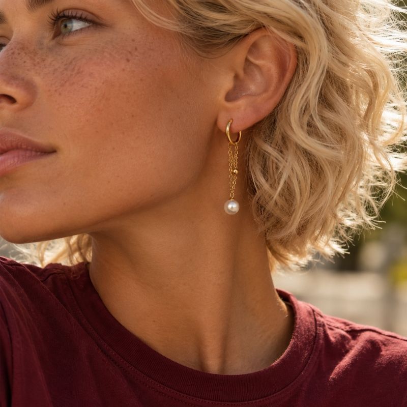 Boucles D’oreilles Pendantes Originales Chaînes En V Et Perle - Acier Inoxydable