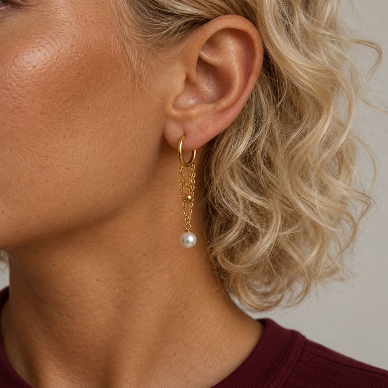 Boucles D’oreilles Pendantes Originales Chaînes En V Et Perle - Acier Inoxydable