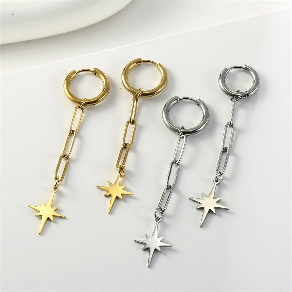 Boucles D'Oreilles Pendantes Originales Étoile Acier Inoxydable