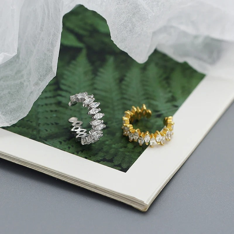 Earcuff Argent Zircon Feuille Éclatante