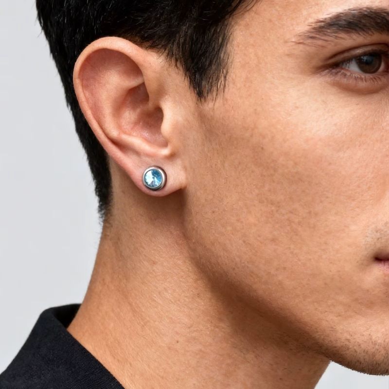 Fausse Boucle d'Oreille Homme Aimant Zircon Bleu - Acier Inoxydable