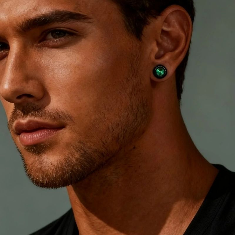 Fausse Boucle d'Oreille Homme Noire Aimant Zircon Vert - Acier Inoxydable