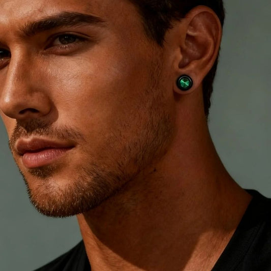 Fausse Boucle d'Oreille Homme Noire Aimant Zircon Vert - Acier Inoxydable
