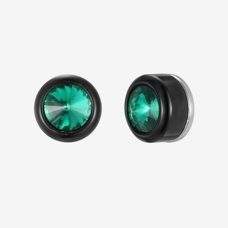 Fausse Boucle d'Oreille Homme Noire Aimant Zircon Vert - Acier Inoxydable