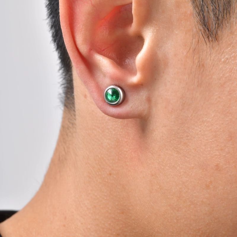 Fausse Boucle d'Oreille Homme Zircon Vert - Acier Inoxydable