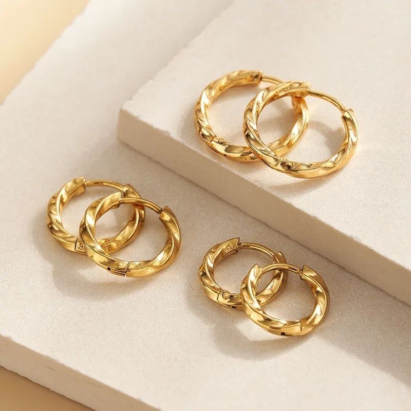 Lot de 3 Boucle d'Oreille Anneau Femme Créole Torsadée Dorée - Acier Inoxydable Image