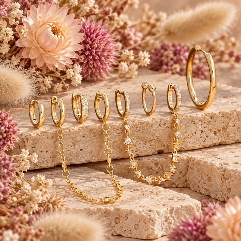 Lot 6 Pièces Boucle D’oreille Anneau Femme Dorée Chaînes Et Strass - Acier Inoxydable