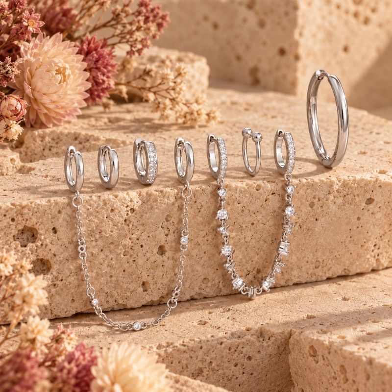 Lot 6 Pièces Boucle D’oreille Anneau Femme Dorée Chaînes Et Strass - Acier Inoxydable