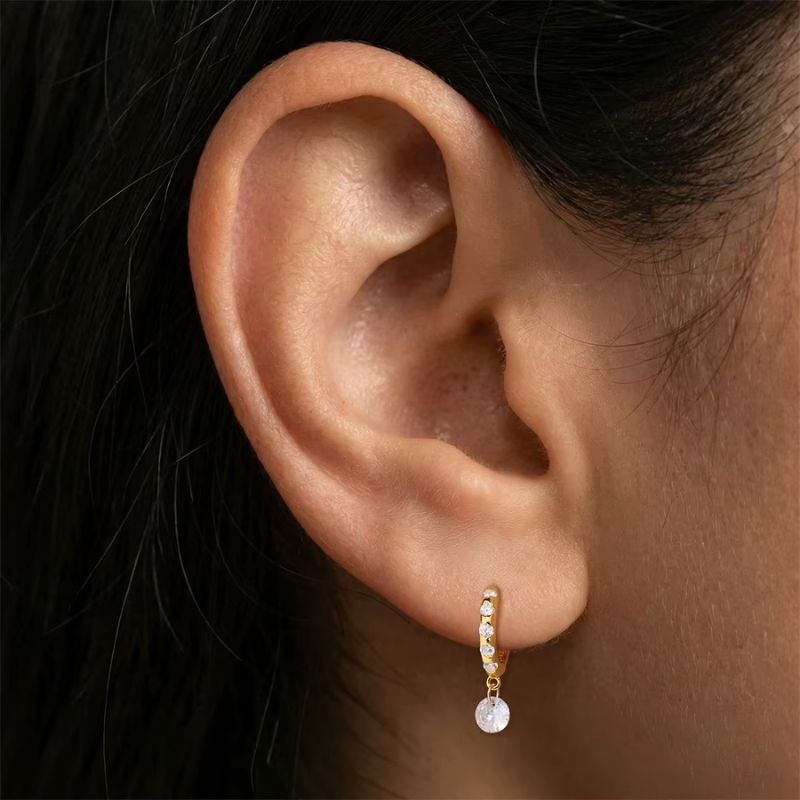 Monoboucle D'oreille Créole Zircon Pendant - Argent